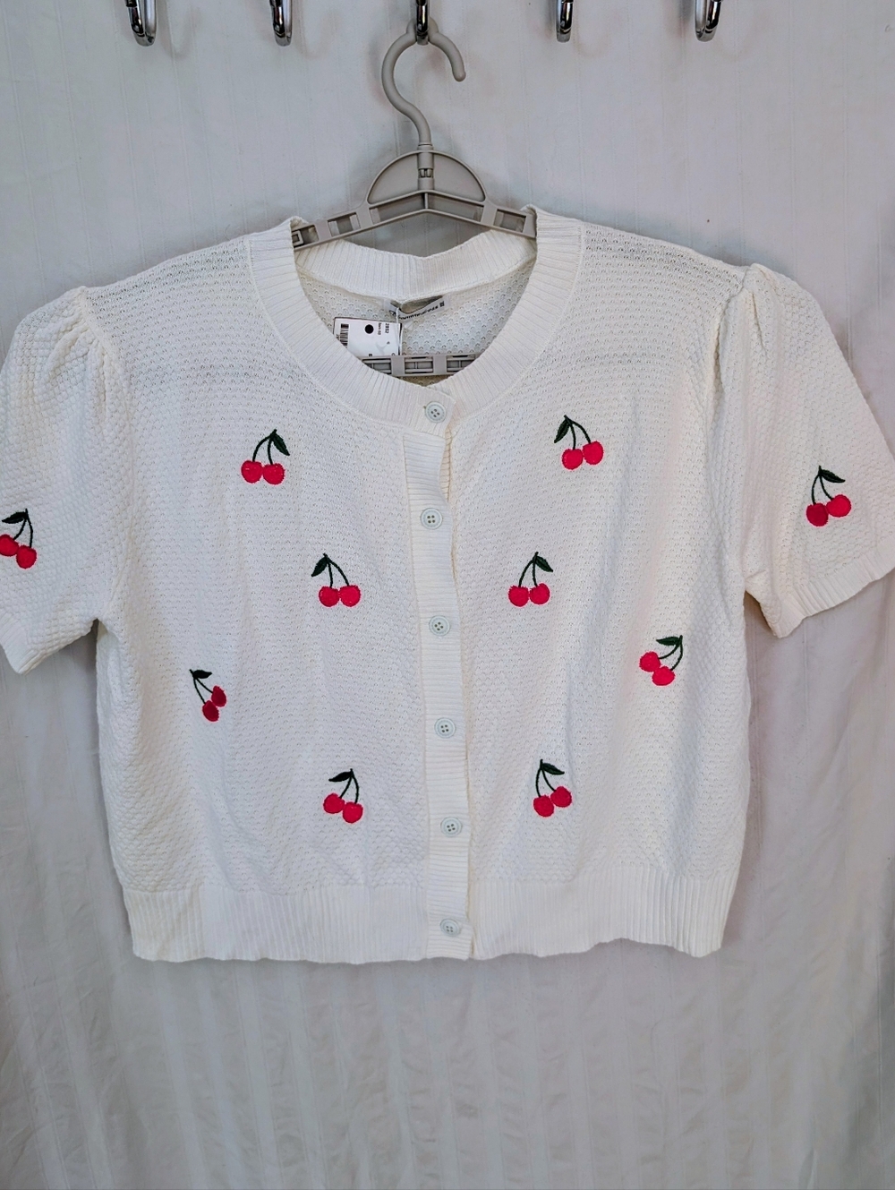 NWT XXL XL White Cherry Embroidered Button Cardigan Retro Vintage